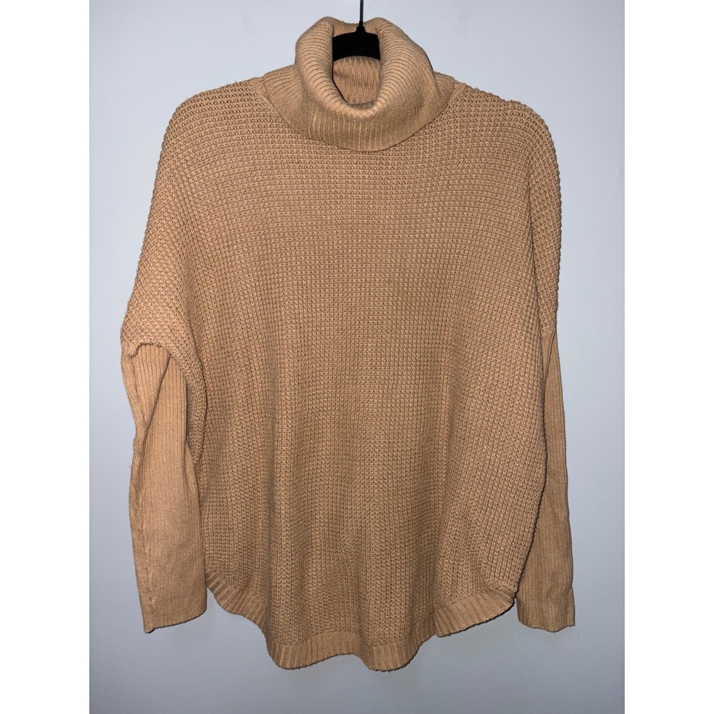 Michael Kors Womens Camel Tan Waffle Knit Turtleneck Sweater Size M High Low Hem